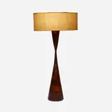 Phillip Lloyd Powell, Large table lamp, c. 1965, laminated and turned walnut, woven grass over fiberglass shade, patinated metal