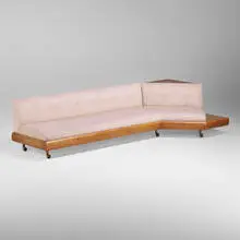 Adrian Pearsall, Boomerang sofa, 1962, walnut, oak, suede upholstery, enameled iron, brass, casters