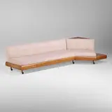 Adrian Pearsall, Boomerang sofa, 1962, walnut, oak, suede upholstery, enameled iron, brass, casters