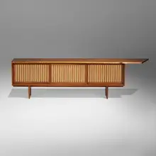 George Nakashima, Exceptional Triple Sliding Door cabinet, 1972, American black walnut, pandanus cloth
