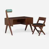 Lighting desk and chair from Chandigarh by Pierre Jeanneret, c. 1960-66, teak, enameled iron, caning, upholstery, sold May 2023