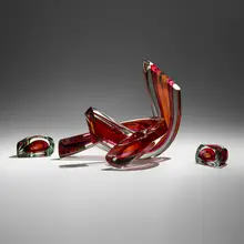 Ruby/Blue Linked Form by Harvey Littleton, 1988, hand-blown, cut, and polished glass, sold May 2023