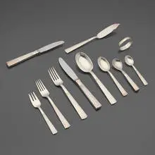 Champagne flatware service by Jens Quistgaard, c. 1947, sterling silver, .830 silver, stainless steel, sold Oct 2025