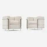 Lounge chairs, pair by Charlotte Perriand, Pierre Jeanneret, and Le Corbusier, 2004, chrome-plated steel, upholstery, sold Sep 2025
