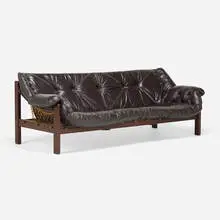 Amazonas sofa by Jean Gillon, c. 1965, rosewood, rope, leather, sold Sep 2025