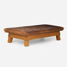 Gymnasium bench by Modern, c. 1950, leather upholstery, pine, steel, sold Sep 2025
