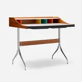 Swag Leg desk, model 5850 by George Nelson & Associates, walnut, laminate, chrome-plated steel, painted wood, plastic, sold Sep 2025