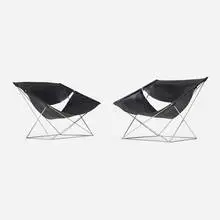 675 lounge chairs, pair by Pierre Paulin, 1962-63, chrome-plated steel, leather, sold Sep 2025