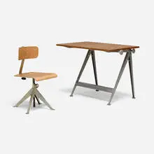 Reply drafting table and task chair by Wim Rietveld and Friso Kramer, enameled steel, stainless steel, oak plywood, walnut, sold Sep 2025