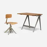 Reply drafting table and task chair by Wim Rietveld and Friso Kramer, enameled steel, stainless steel, oak plywood, walnut, sold Sep 2025