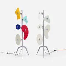 Ferruccio Laviani, Orbital floor lamps, set of two, 1992, screenprinted glass, lacquered steel