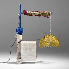 Lamp by Ismaël Rifaï, 2019, enameled iron, found objects, sold Sep 2025