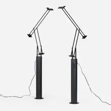 Richard Sapper, Tizio adjustable table/floor lamps, pair and exhibition poster, 1972, enameled aluminum, plastic