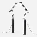 Richard Sapper, Tizio adjustable table/floor lamps, pair and exhibition poster, 1972, enameled aluminum, plastic