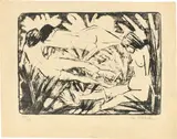 Otto Mueller, Sitzendes und zwei liegende Mädchen im Gras, 1922, Lithografie auf Velin