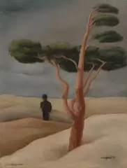 Wilhelm Lachnit, Baum und Mann in Landschaft, 1923, Öl auf Holz