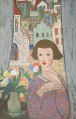 Béla Kádár, Mädchen am Fenster, Um 1930, Tempera auf Papier, auf Karton aufgezogen