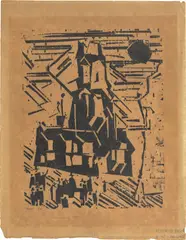 Rathausplatz by Lyonel Feininger, 1918, Holzschnitt auf braunem Japan, sold Jan 2025