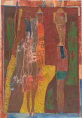 Gerhard Altenbourg, Figuren im Feuerlaub, 1955, Aquarell und Öl über lithografischem Probeabzug