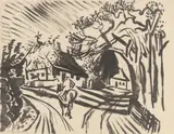 Max Pechstein, Reiter auf der Dorfstraße, 1917, Tuschpinsel auf festem Schoellershammer-Papier (aus einem Skizzenblock)