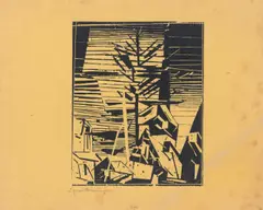 Lyonel Feininger, Gelmeroda (mit Tanne), 1918, Holzschnitt auf gelblichem Japanbütten