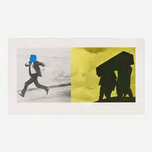 John Baldessari, Man Running; Men Carrying Coffin (Fly for my life) (from A Suite of Five Lithographs for Tristram Shandy), 1988, lithograph in colors on T.H. Saunders Waterford