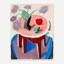 David Hockney, Flowers, Apple and Pear on a Table, 1986, Xerox copy in colors on four sheets hinged to Arches