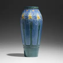 Leona Nicholson for Newcomb College Pottery, Early and Tall vase with irises, 1908, glazed earthenware