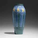 Early and Tall vase with irises by Leona Nicholson for Newcomb College Pottery, 1908, glazed earthenware, sold May 2023