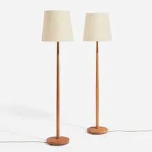 George Kovacs, Floor lamps, pair, c. 1960, oak, paper shade