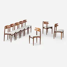 H.W. Klein, Dining chairs model 178, set of eight, c. 1965, teak, leather upholstery, brass