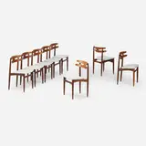 H.W. Klein, Dining chairs model 178, set of eight, c. 1965, teak, leather upholstery, brass