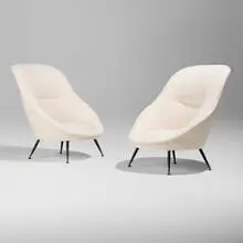 Gigi Radice, Armchairs, pair, c. 1955, muslin upholstery, enameled steel, brass