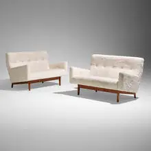 Jens Risom, Settees, pair, c. 1955, walnut, upholstery
