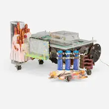 Toomas Toomepuu, Crash Test Driver coffee table, 2021, plastic, glass, hardwood, plywood, found objects, enamel, acrylic