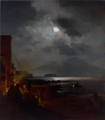 Oswald Achenbach, Fischer in der Bucht von Neapel bei Mondschein, 1885, Öl auf Holz
