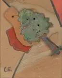 Curt Ehrhardt, Kleines Merzbild ,Der Abend‘, 1919, Assemblage: Schmuckrahmen, Holztafeln, Blei-Miniaturbaum, Metallplatte, Papiercollage, Tusche