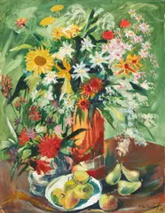 Franz Heckendorf, Blumenstillleben mit Äpfel und Birnen, 1924, Öl auf Leinwand