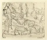 Ernst Ludwig Kirchner, Abtrieb der Kühe, 1922, Strichätzung und Kaltnadel auf glattem festen Papier