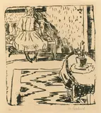 Max Pechstein, Kind auf der Bank, 1908, Lithographie in Dunkelolivgrün auf dünnem Papier