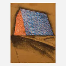 Christo, Texas Mastaba, Project for 500,000 Stacked Oil Drums (from the America: The Third Century portfolio), 1976, lithograph with collaged screenprint in colors on cardboard