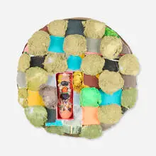 Brian Belott, Tondo Puff (Green), 2016, cotton batting, colorfast paper, acrylic, matte medium, remote control with matte medium, colored sand and stones