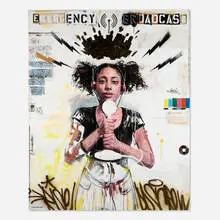 Emergency Broadcast by Tim Okamura, 2015, oil, gold leaf and mixed media collage on canvas, offered Nov 2025