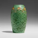 Vase with leaves by Frederick Hurten Rhead for Arequipa Pottery, 1913, glazed squeezebag-decorated earthenware, sold May 2023