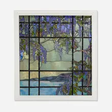Lyndon Stromberg, Monumental window with wisteria and coastal scene, c. 1985, slag glass, leading, painted wood