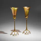 Tiffany Studios, Root candlesticks with shades, pair, c. 1910, hand-blown Favrile glass, gilt bronze