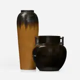 Fulper Pottery, Vases, set of two, 1917-34, Mirror Black and Cat's-Eye Flambé-glazed stoneware