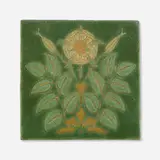 Rare trivet with morning glories by Grueby Faience Company, c. 1905, glazed earthenware decorated in cuenca, sold May 2023