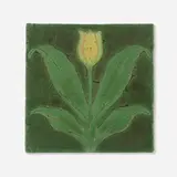 Tile with yellow tulip by George P. Kendrick, 1901, glazed earthenware decorated in cuenca, sold May 2023