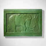 Rare Jungle Book tile with elephant and child by Russell Crook for Grueby Faience Company, c. 1900, glazed earthenware, sold May 2023